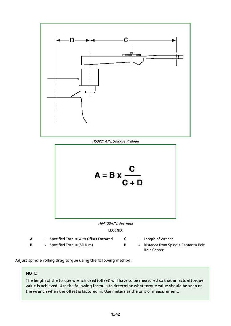 May include: Diagram with formulas and instructions for adjusting spindle rolling drag torque. Includes a diagram labeled H63221-UN: Spindle Preload and a formula labeled H64150-UN: Formula. The note section explains the use of meters for measurement.