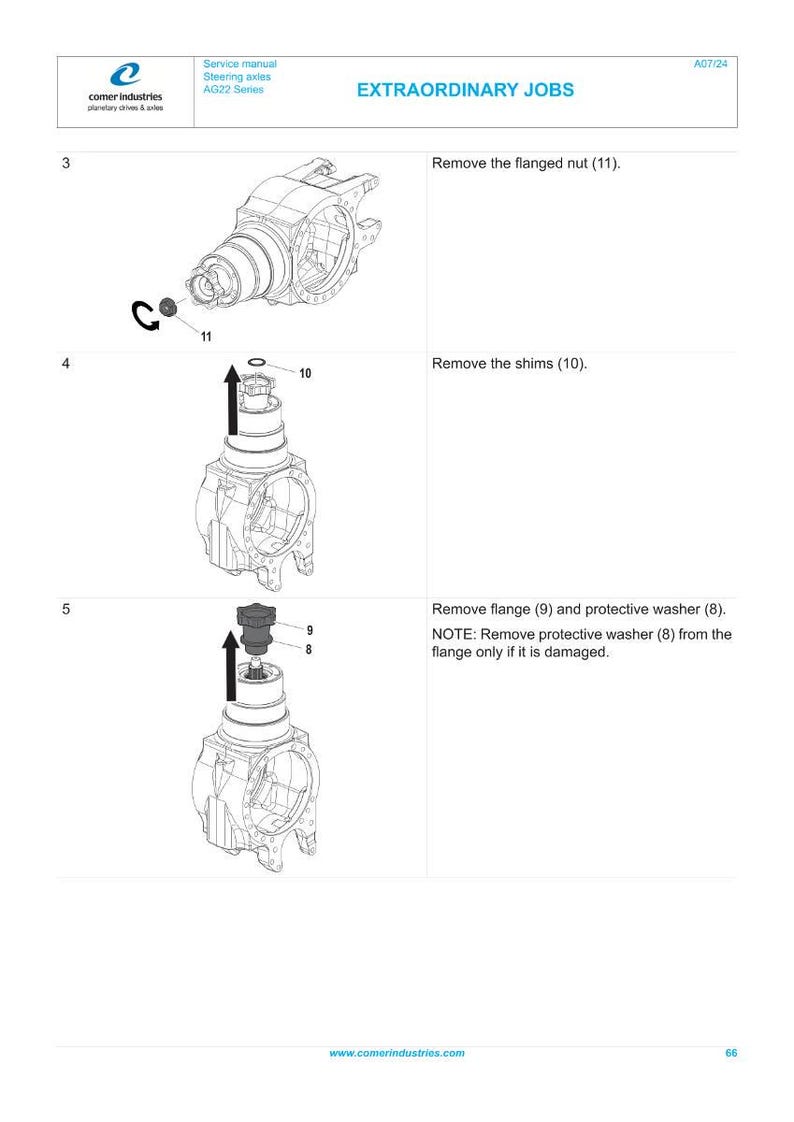 Peut inclure: Diagramme technique illustrant le d&eacute;montage d'un composant m&eacute;canique, probablement un essieu. L'image montre des instructions &eacute;tape par &eacute;tape avec des fl&egrave;ches et des &eacute;tiquettes pour retirer des pi&egrave;ces comme un &eacute;crou &agrave; bride, des cales et une rondelle de protection. Le texte indique "EXTRAORDINARY JOBS."