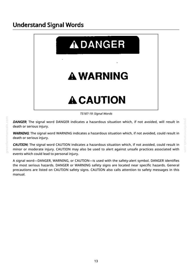 May include: A white page with the title "Understand Signal Words" and the words "DANGER", "WARNING", and "CAUTION" in bold, black text. The text explains the meaning of each signal word.