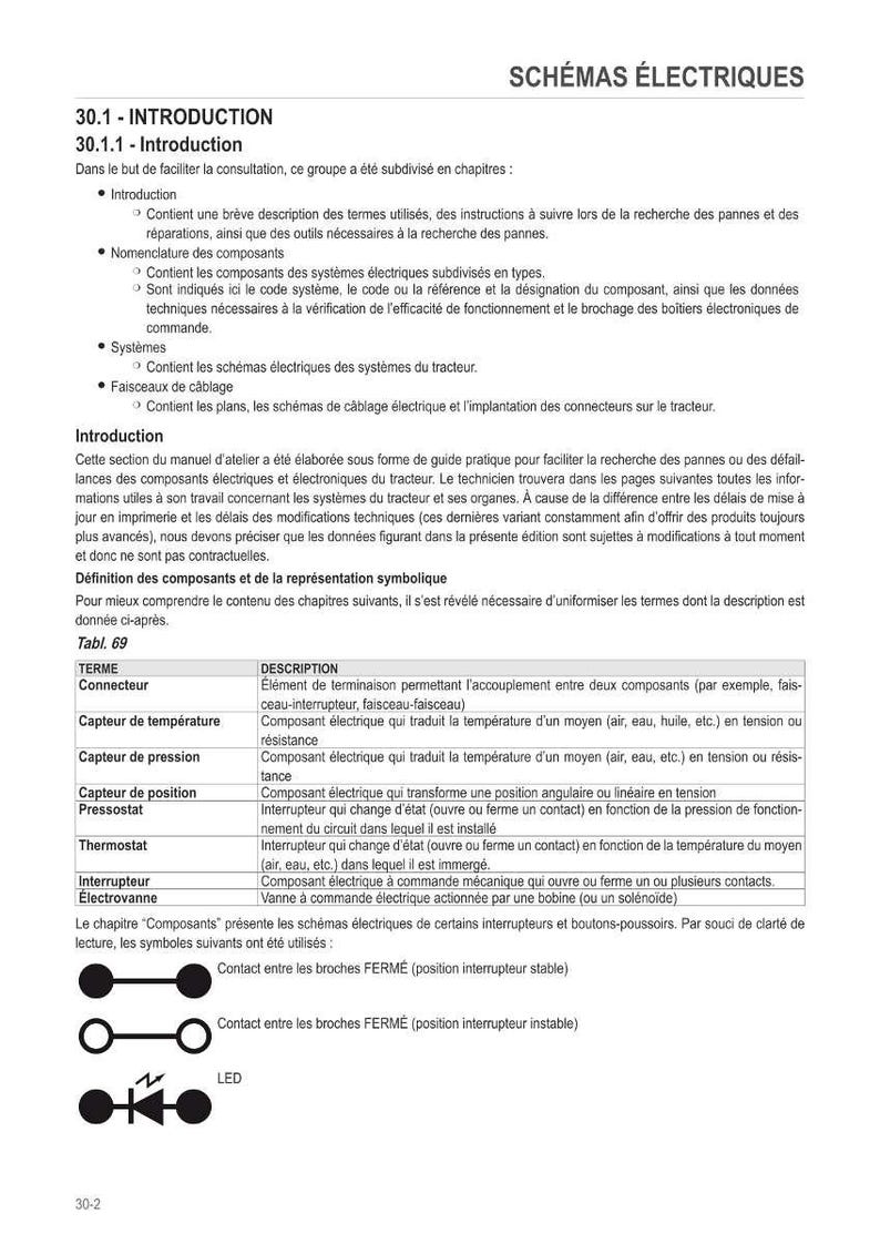May include: A page from a technical manual titled "Electrical Diagrams" in French. It includes a table defining terms like "Connector," "Temperature Sensor," and "Pressure Sensor," along with their descriptions. The page also features electrical symbols.