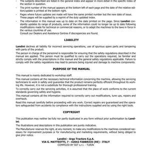 May include: A printed manual page with the title "INTRODUCTION" and text about the 7 ROBO-SIX ACTIVE Series tractor by Landini. The page includes sections on liability, purpose of the manual, and copyright information. The manual is for workshop staff.