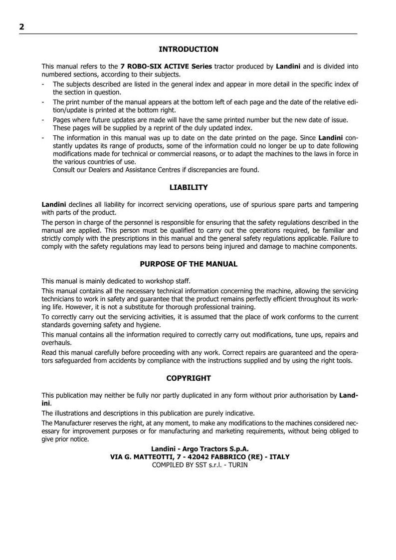 May include: A printed manual page with the title "INTRODUCTION" and text about the 7 ROBO-SIX ACTIVE Series tractor by Landini. The page includes sections on liability, purpose of the manual, and copyright information. The manual is for workshop staff.