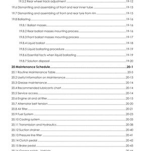 May include: A white document with a detailed table of contents for a tractor's maintenance schedule. The document includes sections on wheel track adjustment, ballasting, and engine maintenance. The document is labeled "DISCOVERY II P/N 6748514A1".