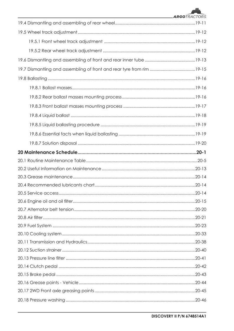 May include: A white document with a detailed table of contents for a tractor's maintenance schedule. The document includes sections on wheel track adjustment, ballasting, and engine maintenance. The document is labeled "DISCOVERY II P/N 6748514A1".
