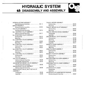 May include: A detailed technical diagram titled "HYDRAULIC SYSTEM" with a list of disassembly and assembly instructions. The document includes various components like control valves, cylinders, and brake assemblies, with corresponding part numbers.