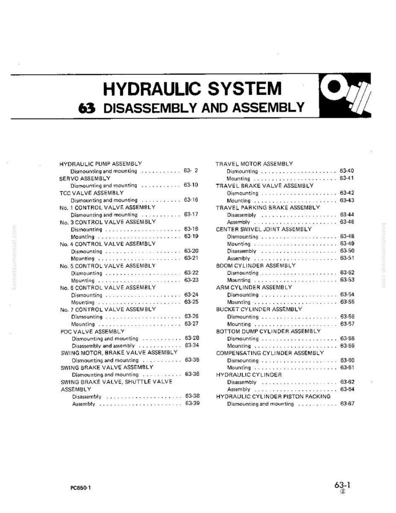 May include: A detailed technical diagram titled "HYDRAULIC SYSTEM" with a list of disassembly and assembly instructions. The document includes various components like control valves, cylinders, and brake assemblies, with corresponding part numbers.