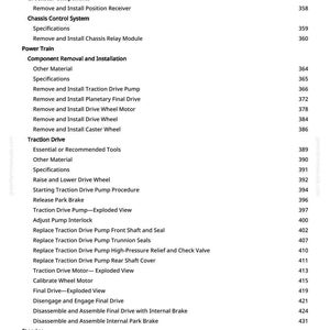 May include: A detailed table of contents from a manual, listing various procedures and components. The text includes topics like wiring harness routing, chassis control system, power train, and traction drive. The page number is visible at the right side of the page.