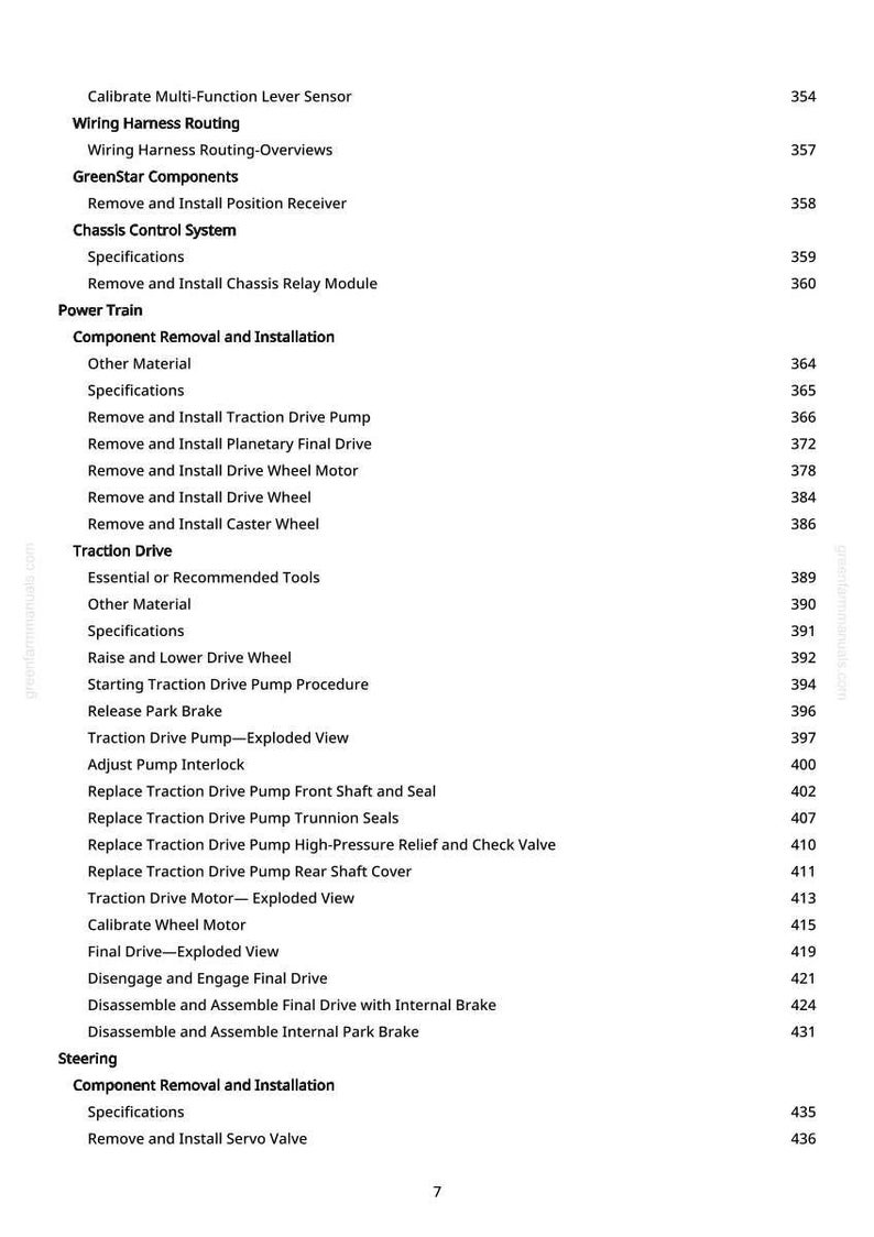 May include: A detailed table of contents from a manual, listing various procedures and components. The text includes topics like wiring harness routing, chassis control system, power train, and traction drive. The page number is visible at the right side of the page.