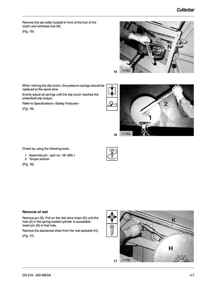 May include: Technical manual page with diagrams and instructions for machinery maintenance. Includes images of tools and components, with text descriptions and numbered steps for repair procedures.