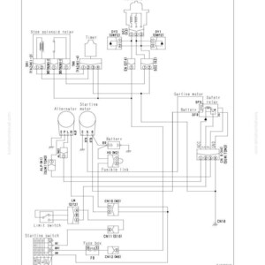 May include: Diagram of an electrical system with labels for components like the engine stop solenoid, alternator motor, and fuse box. The diagram includes text such as "Related circuit diagram" and "E-1 The engine does not start".