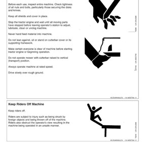 May include: A safety manual page with the title "Operate Mower Safely" and "Keep Riders Off Machine". The page includes safety instructions and black silhouette illustrations of potential hazards. The text warns against unsafe operation.