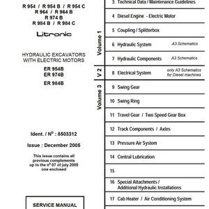 May include: A service manual for Liebherr hydraulic excavators, with diesel and electric motors. The manual details general information, tools, technical data, and specific components. Published in December 2005.