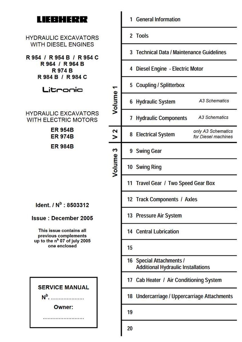 May include: A service manual for Liebherr hydraulic excavators, with diesel and electric motors. The manual details general information, tools, technical data, and specific components. Published in December 2005.