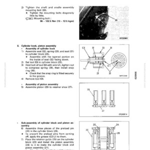 May include: A technical diagram from a manual titled "Disassembly and Assembly" with the text "No. 2 Main Pump." The diagram includes illustrations of mechanical components, assembly steps, and measurements in Nm and kgm.