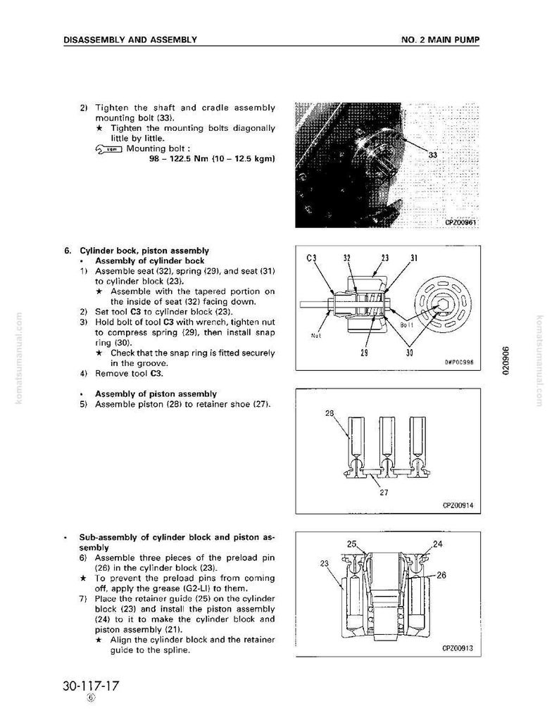 May include: A technical diagram from a manual titled "Disassembly and Assembly" with the text "No. 2 Main Pump." The diagram includes illustrations of mechanical components, assembly steps, and measurements in Nm and kgm.