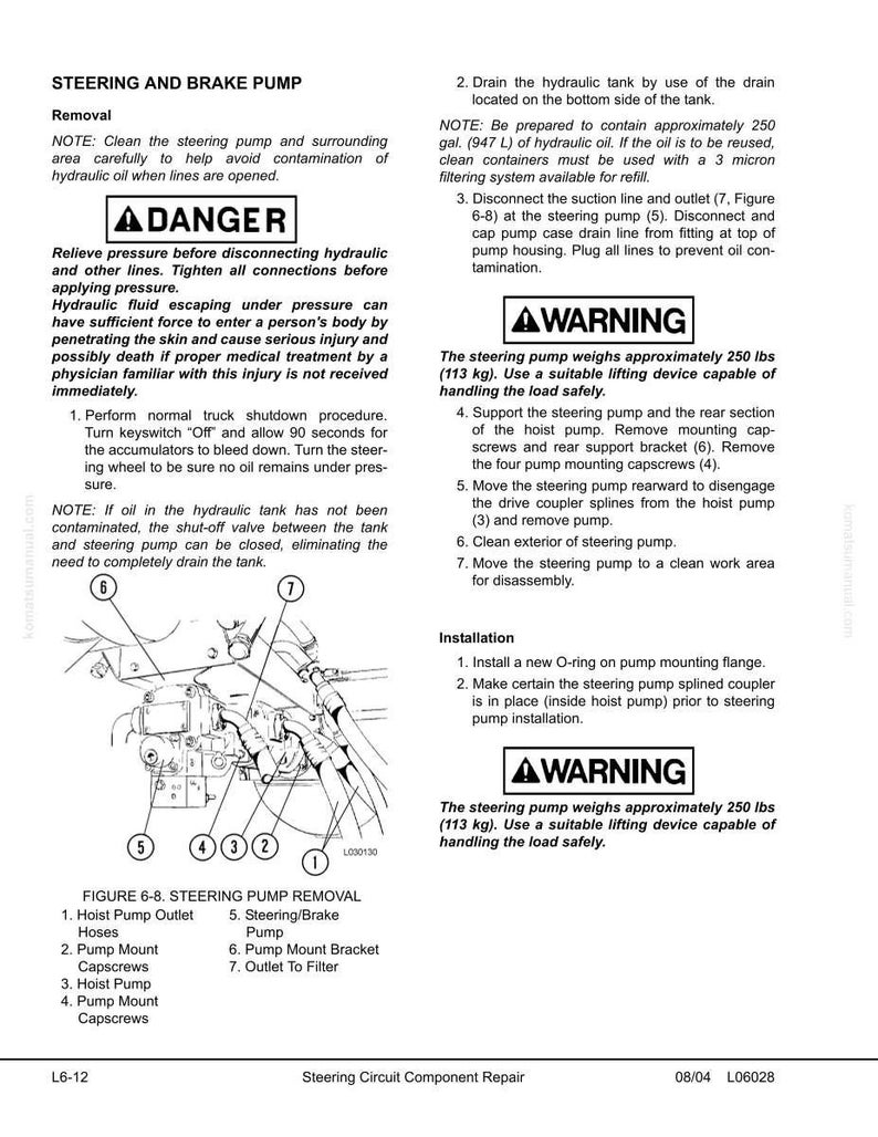 May include: Diagram of steering and brake pump removal, with numbered steps and component labels. Includes warnings about hydraulic fluid pressure and the pump's weight (250 lbs).