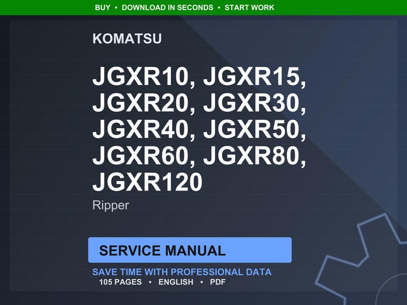 Pu&ograve; includere: Un manuale di servizio digitale per i ripper Komatsu serie JGXR, inclusi i modelli JGXR10 a JGXR120. La grafica blu e bianca include il testo "SERVICE MANUAL" e "SAVE TIME WITH PROFESSIONAL DATA".