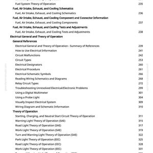 Pu&ograve; includere: Una pagina di manuale con un sommario. Il testo include argomenti come "Carburante, aspirazione, scarico e teoria del funzionamento del raffreddamento" e "Elettrico generale e teoria del funzionamento". I numeri di pagina sono a destra.