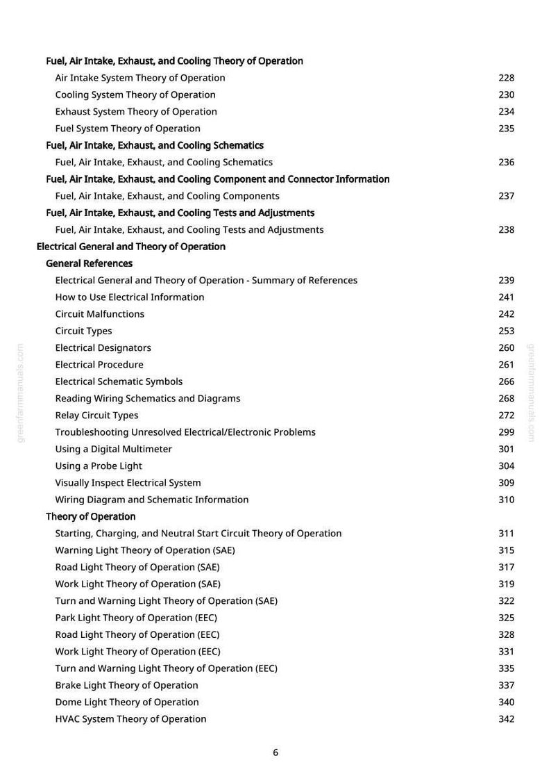 Pu&ograve; includere: Una pagina di manuale con un sommario. Il testo include argomenti come "Carburante, aspirazione, scarico e teoria del funzionamento del raffreddamento" e "Elettrico generale e teoria del funzionamento". I numeri di pagina sono a destra.