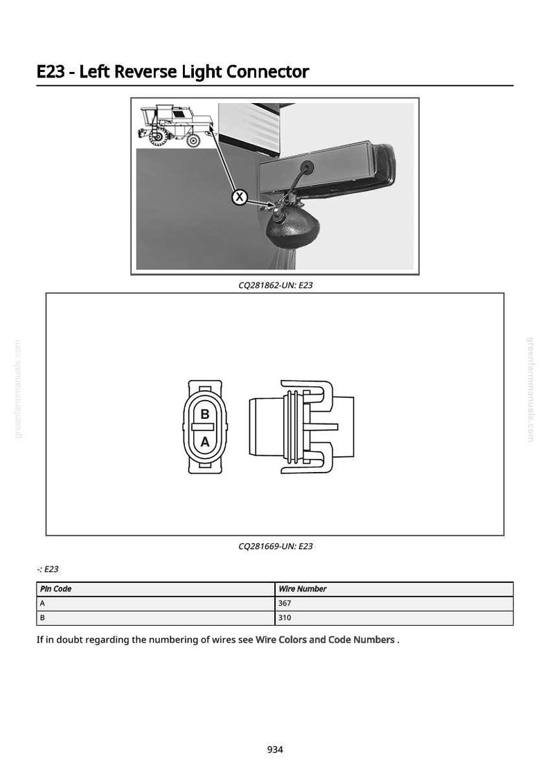 Puede incluir: Diagrama del conector de luz de marcha atr&aacute;s izquierda E23. La imagen incluye un diagrama del conector, un diagrama del conjunto de luces y una tabla con informaci&oacute;n del c&oacute;digo de pin y el n&uacute;mero de cable.