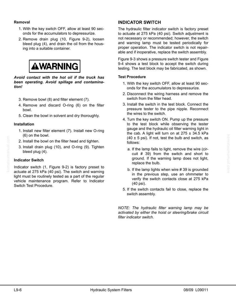 May include: A white page with black text detailing hydraulic system filter maintenance. Instructions include removal, installation, and indicator switch testing procedures. A warning about hot oil is present. The document is labeled "Hydraulic System Filters."