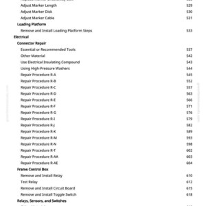 May include: A page from a manual with a table of contents. The text includes specifications, repair procedures, and instructions for electrical components and loading platforms. The page number is 8.