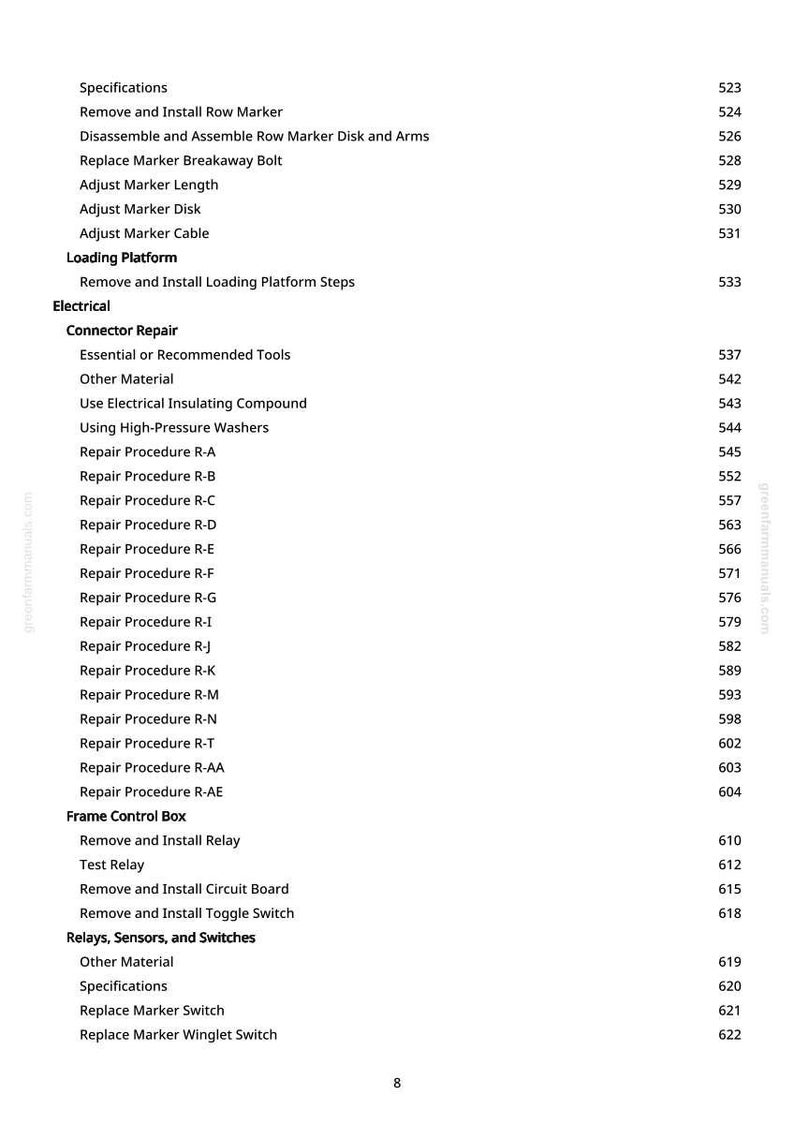 May include: A page from a manual with a table of contents. The text includes specifications, repair procedures, and instructions for electrical components and loading platforms. The page number is 8.