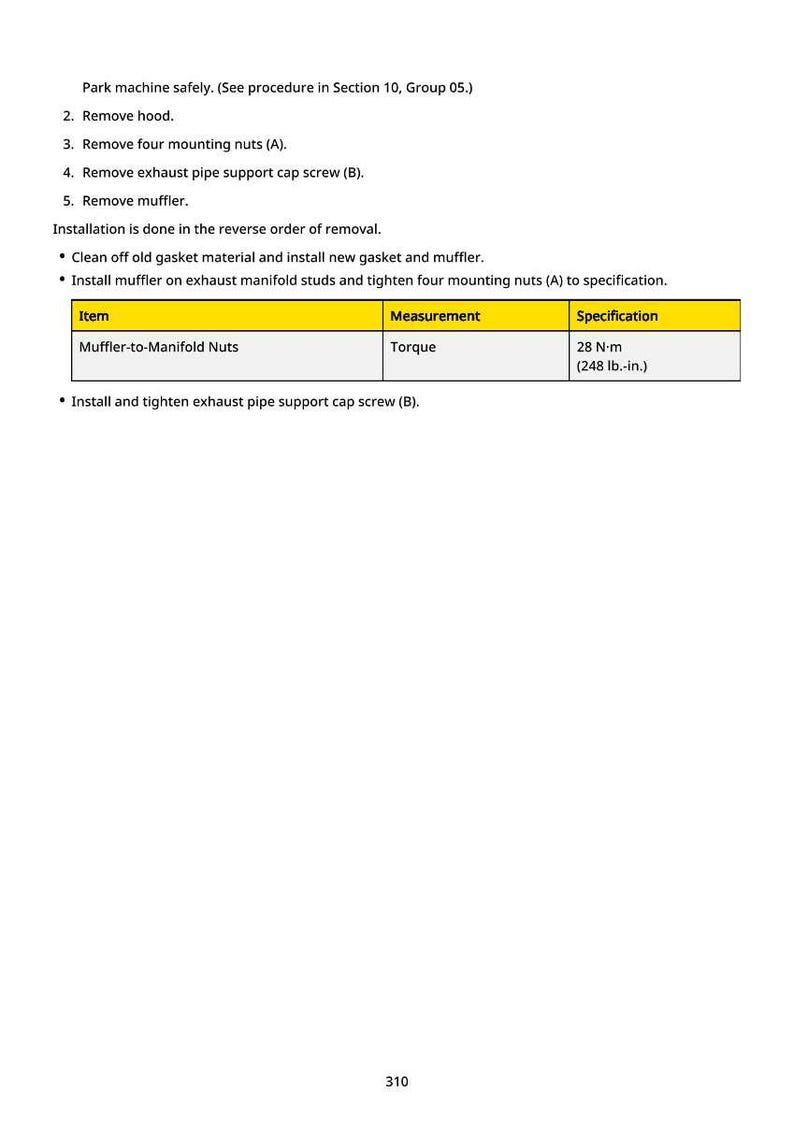 May include: A white page with black text detailing automotive repair instructions. The text includes steps for removing and installing parts like the hood and muffler. A table specifies torque for muffler-to-manifold nuts, 28 N-m (248 lb.-in.).
