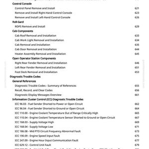 K&ouml;nnte beinhalten: Eine Seite aus einem Handbuch mit einer Liste von Wartungs- und Diagnoseverfahren f&uuml;r Fahrzeuge. Der Text enth&auml;lt Elemente wie "Bedienkonsole", "Kabinenkomponenten" und "Diagnose-Fehlercodes". Die Seite listet auch spezifische Fehlercodes auf.