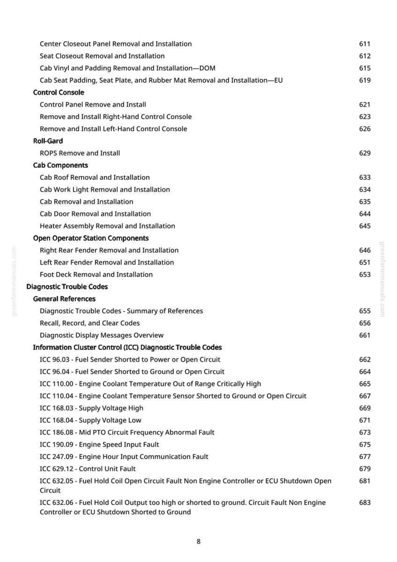 K&ouml;nnte beinhalten: Eine Seite aus einem Handbuch mit einer Liste von Wartungs- und Diagnoseverfahren f&uuml;r Fahrzeuge. Der Text enth&auml;lt Elemente wie "Bedienkonsole", "Kabinenkomponenten" und "Diagnose-Fehlercodes". Die Seite listet auch spezifische Fehlercodes auf.