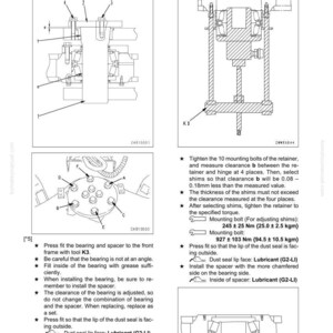 May include: Diagram of a center hinge pin assembly with detailed instructions for disassembly and assembly. Includes diagrams, measurements in Nm, and notes on lubrication and shim selection for proper function.