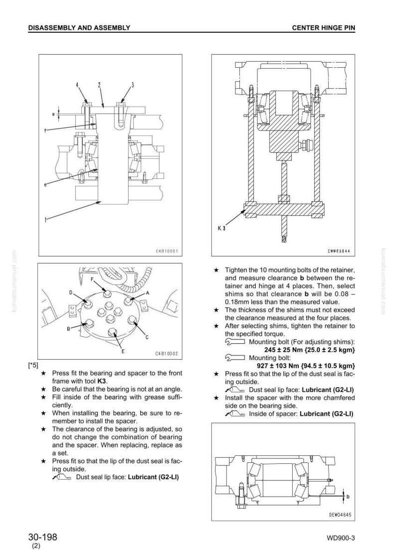 May include: Diagram of a center hinge pin assembly with detailed instructions for disassembly and assembly. Includes diagrams, measurements in Nm, and notes on lubrication and shim selection for proper function.