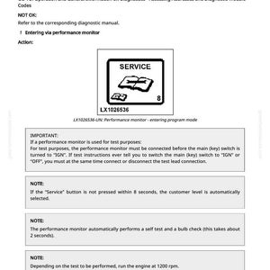 K&ouml;nnte beinhalten: Technisches Dokument mit Anweisungen f&uuml;r einen Performance-Monitor, einschlie&szlig;lich des Zugriffs auf Diagnosecodes und des Eintritts in den Programmmodus. Das Bild zeigt ein "SERVICE"-Symbol, die Zahl 8 und den Code LX1026536.
