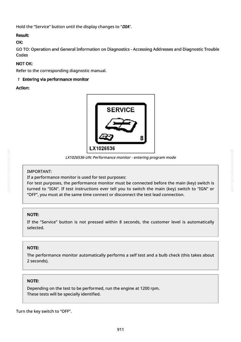 K&ouml;nnte beinhalten: Technisches Dokument mit Anweisungen f&uuml;r einen Performance-Monitor, einschlie&szlig;lich des Zugriffs auf Diagnosecodes und des Eintritts in den Programmmodus. Das Bild zeigt ein "SERVICE"-Symbol, die Zahl 8 und den Code LX1026536.