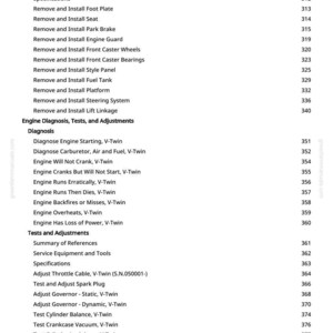 May include: A page from a repair manual with a table of contents. The text includes sections on repair, engine diagnosis, tests, and adjustments. The page number is 307.