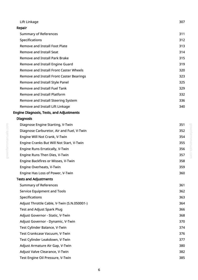 May include: A page from a repair manual with a table of contents. The text includes sections on repair, engine diagnosis, tests, and adjustments. The page number is 307.