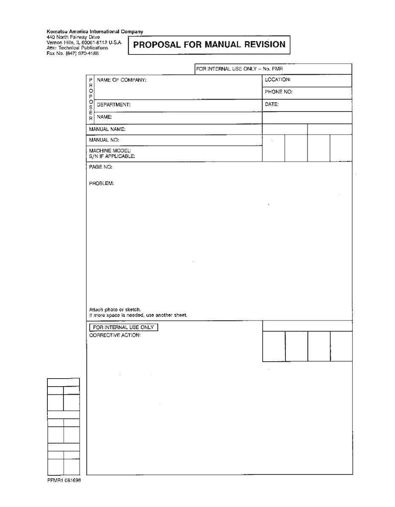 May include: A white document titled "PROPOSAL FOR MANUAL REVISION" with fields for company details, manual information, and a problem description. Includes the Komatsu America International Company logo and contact details.
