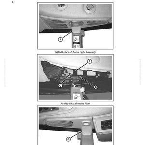 May include: Diagram illustrating the removal, inspection, and installation of cab interior recirculating air filters. The image shows close-ups of the left dome light assembly, left-hand filter, and courtesy light assembly, with labels A, B, C, D, and E.