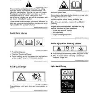 May include: A page from an operator's manual with safety labels and instructions. The labels use warning triangles and pictograms to illustrate potential hazards, such as fire, hand injuries, and rotating blades. The text provides guidance on avoiding injury.