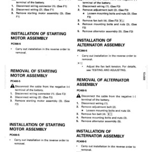 Puede incluir: Una p&aacute;gina de manual con instrucciones para la extracci&oacute;n e instalaci&oacute;n de un motor de arranque y un alternador. El texto es negro, con diagramas e instrucciones para los modelos PC300-5 y PC400-5.