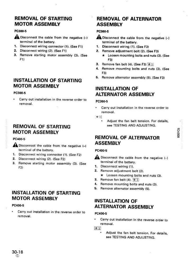 Puede incluir: Una p&aacute;gina de manual con instrucciones para la extracci&oacute;n e instalaci&oacute;n de un motor de arranque y un alternador. El texto es negro, con diagramas e instrucciones para los modelos PC300-5 y PC400-5.