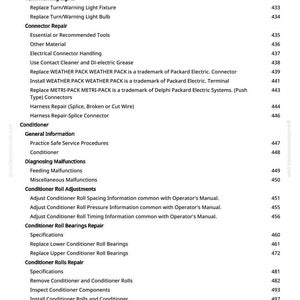 Peut inclure: Une page blanche d'un manuel avec une table des mati&egrave;res. Le texte comprend des sections sur les syst&egrave;mes &eacute;lectriques, les feux, la r&eacute;paration des connecteurs et l'entretien du conditionneur. Les num&eacute;ros de page sont list&eacute;s &agrave; droite.