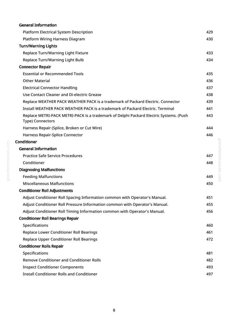 Peut inclure: Une page blanche d'un manuel avec une table des mati&egrave;res. Le texte comprend des sections sur les syst&egrave;mes &eacute;lectriques, les feux, la r&eacute;paration des connecteurs et l'entretien du conditionneur. Les num&eacute;ros de page sont list&eacute;s &agrave; droite.