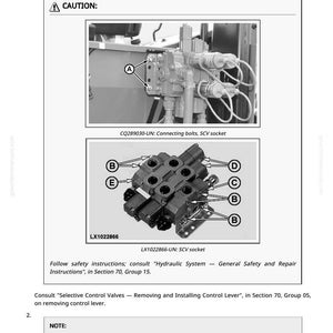 May include: Diagram from a manual showing the process of removing selective control valves. The image includes close-up views of the SCV socket and connecting bolts, with labels and instructions. The text includes safety warnings and notes.