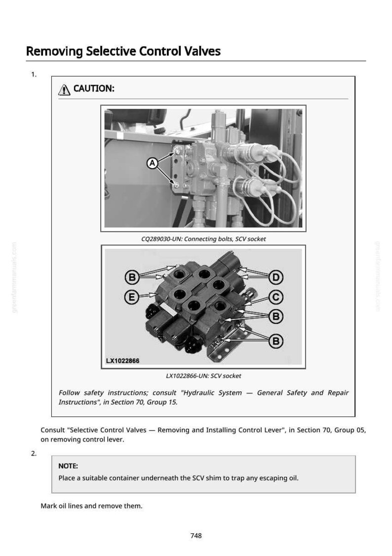 May include: Diagram from a manual showing the process of removing selective control valves. The image includes close-up views of the SCV socket and connecting bolts, with labels and instructions. The text includes safety warnings and notes.