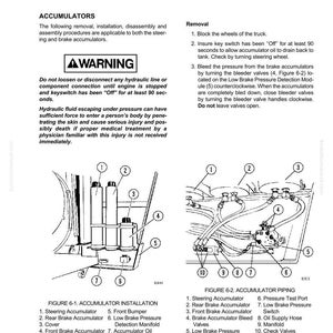 May include: Diagram of steering circuit component repair, including accumulator installation and piping. Text includes warnings about hydraulic fluid and instructions for bleeding pressure from brake accumulators.