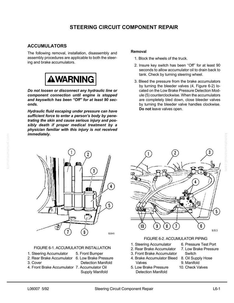 May include: Diagram of steering circuit component repair, including accumulator installation and piping. Text includes warnings about hydraulic fluid and instructions for bleeding pressure from brake accumulators.