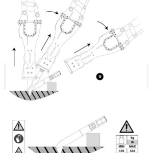 May include: Diagram of a Komatsu JMHB670V-1 hydraulic hammer, illustrating its operation. The image includes arrows indicating movement, along with safety symbols and weight specifications in pounds and kilograms. The diagram shows the hammer breaking a surface.