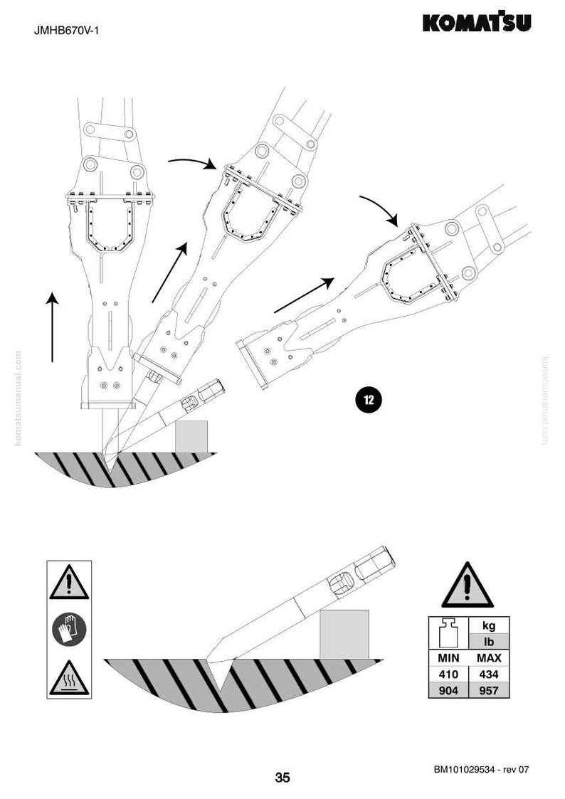May include: Diagram of a Komatsu JMHB670V-1 hydraulic hammer, illustrating its operation. The image includes arrows indicating movement, along with safety symbols and weight specifications in pounds and kilograms. The diagram shows the hammer breaking a surface.