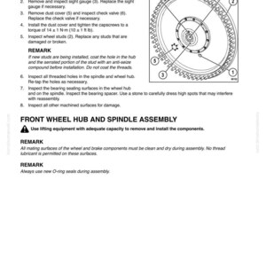 May include: Diagram of a front wheel hub and spindle assembly with numbered components and instructions. Includes a circular diagram with labels and a list of steps for disassembly and assembly, with torque specifications.